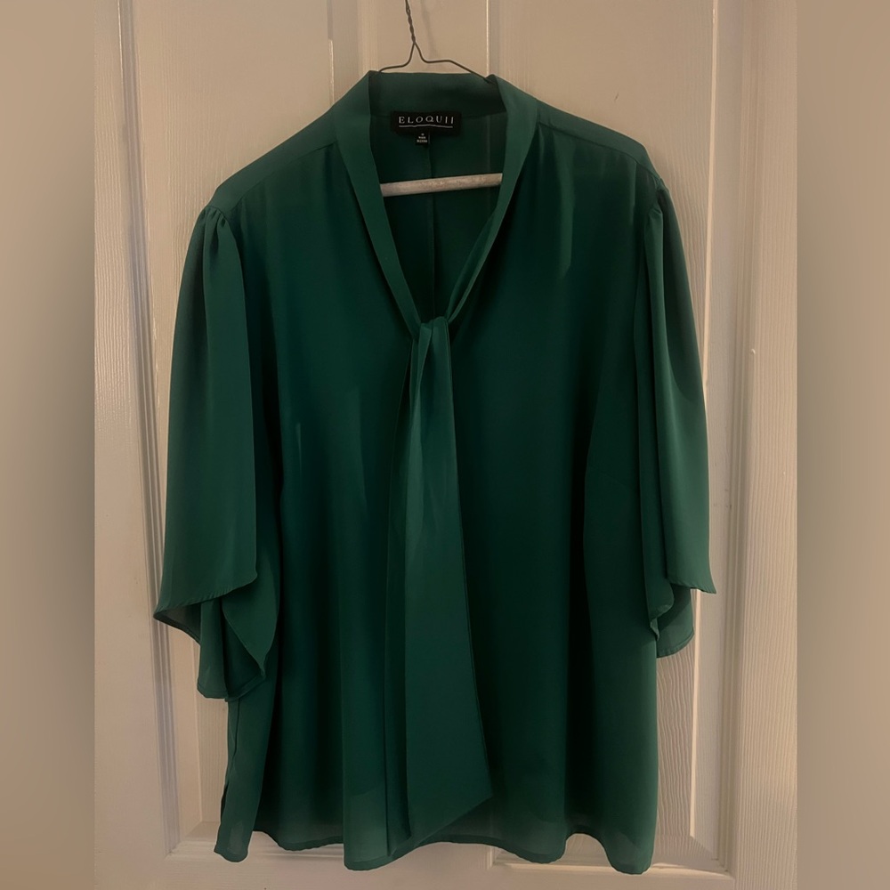 Jade Green Bow Blouse with Flutter Sleeve by Eloquii (Size 18)
